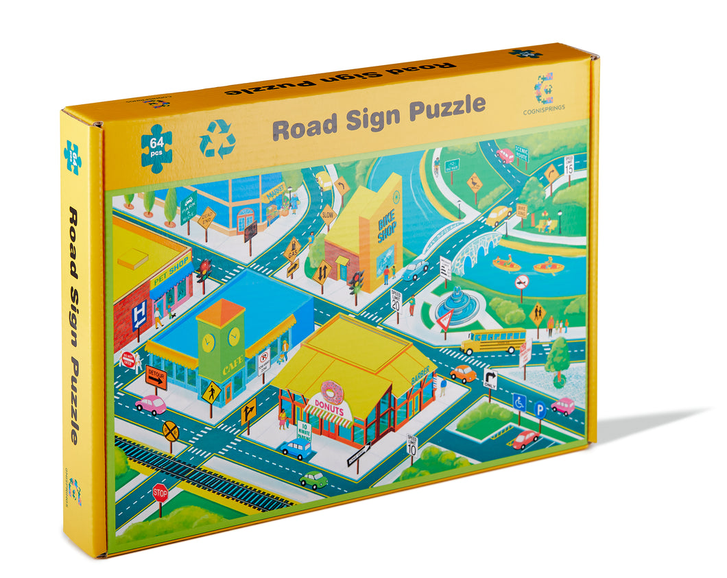 Road Sign Puzzle - 64 Piece Jigsaw Puzzle - Explore Road Signs - Kids Ages PreK- Grade 5