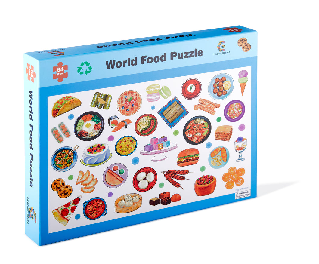 World Food Puzzle - 64 Piece Jigsaw Puzzle - Explore Dishes From Around World - Kids Ages 3+